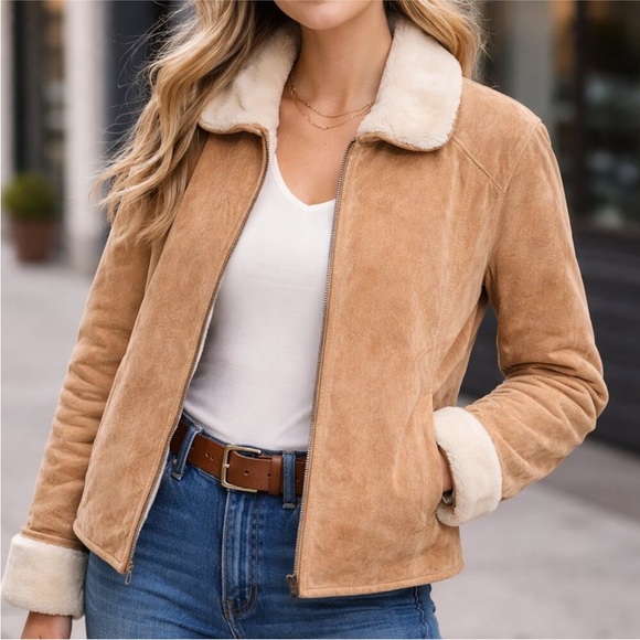 Vintage Adler Collection Tan Suede Shearling Lined Leather Cream Y2K Coat Jacket - Picture 4 of 4